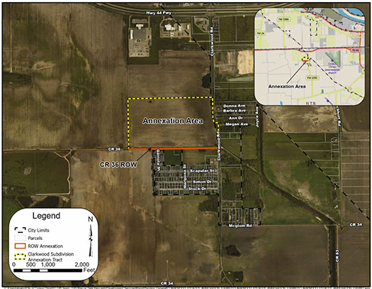 Map of Clarkwood Estates and a portion of County Road 36 Annexation
